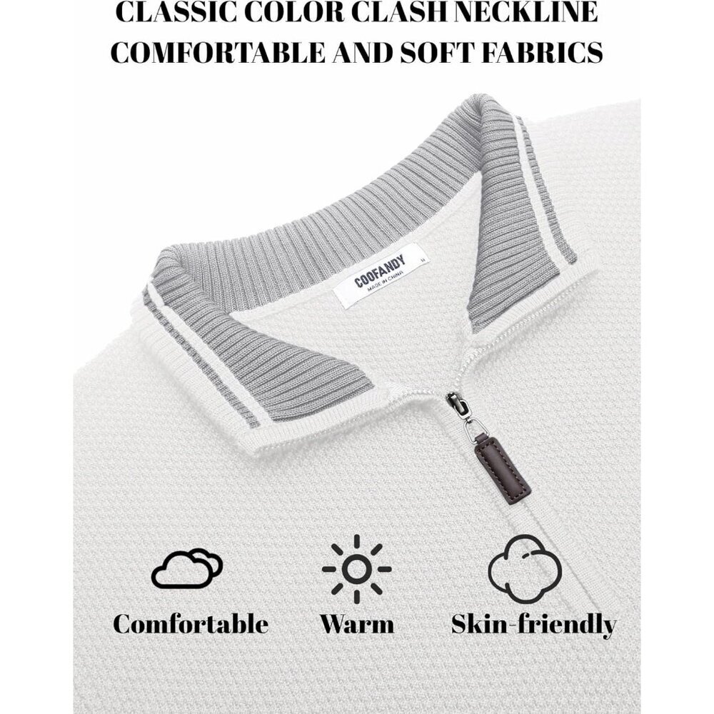 Men's Slim Fit Quarter Zip Pullover Sweater Knit Mock Neck Polo White Sweater - Picture 5 of 6